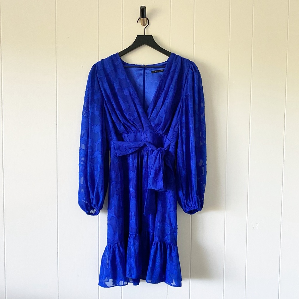 Alex Marie Simone Cobalt Blue Floral Lace Wrap Dress Surplice Long Sleeve